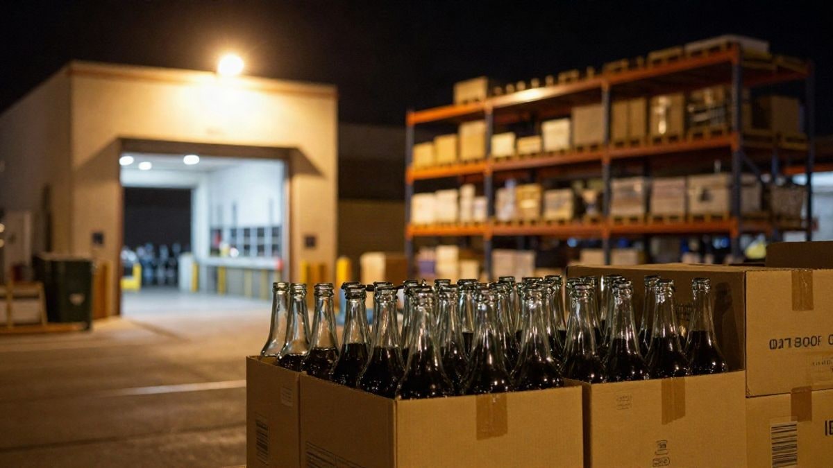Imagen ilustrativa: muelle de carga de noche con botellas de vidrio y cajas de cartón apiladas bajo luz artificial