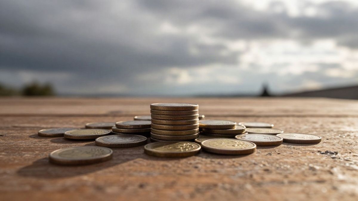 Illustrative image: a stack of euro coins on a wooden table outdoors, with a cloudy sky in the background