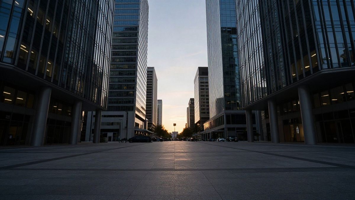Imagen ilustrativa: gran angular de un distrito financiero con líneas que convergen hacia el horizonte al atardecer