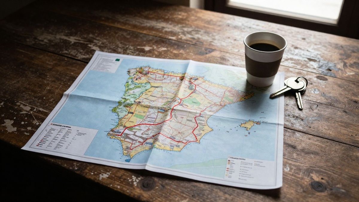 Illustrative image: a road map spread out on a wooden table, viewed from above, with a hand-drawn route