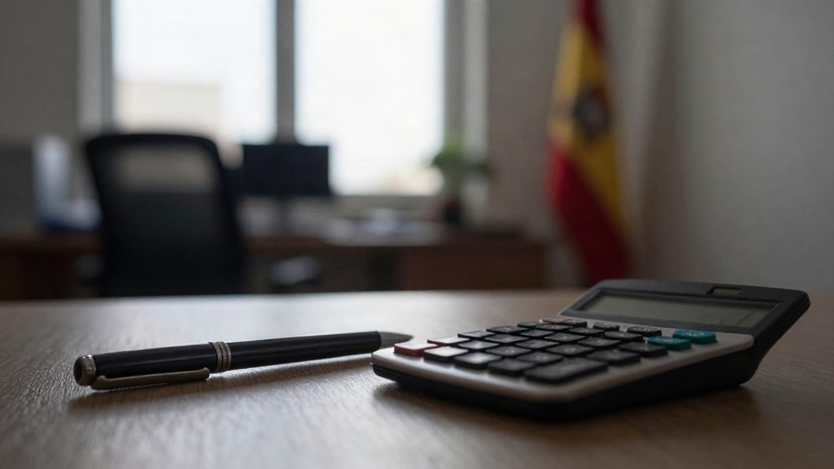 Illustrative image: mobile phone on a wooden table next to an accounting book and a calculator, with a blurred background