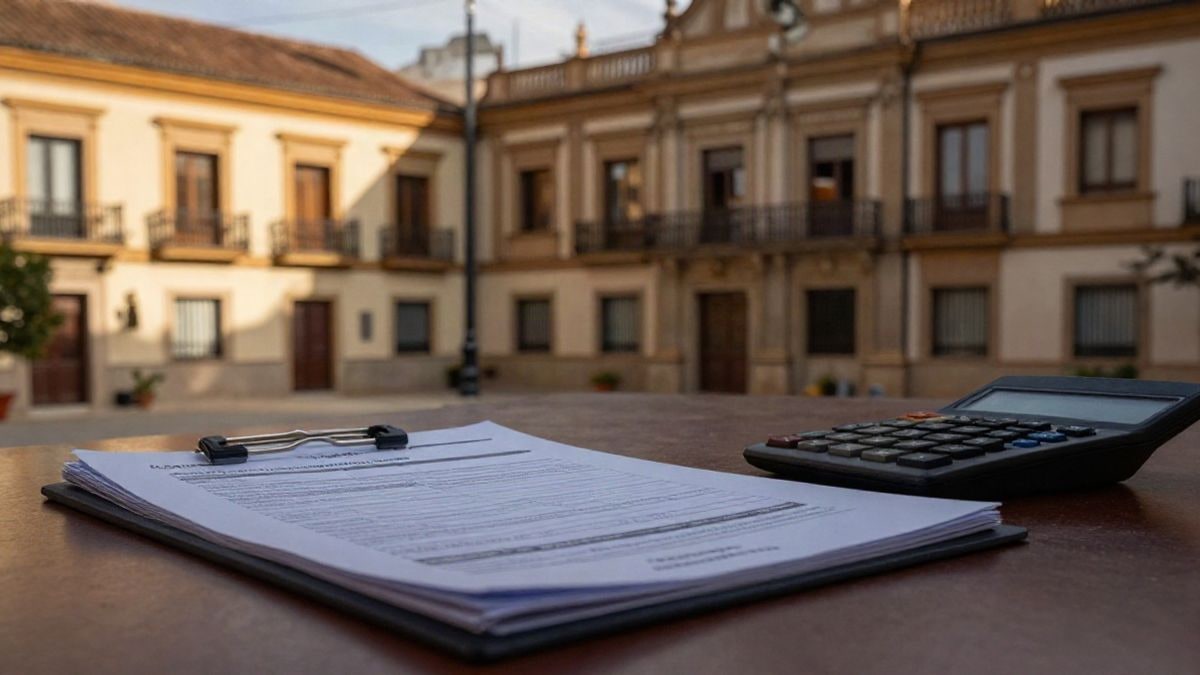 Illustrative image: financial document and calculator on an office table with administrative buildings in the background
