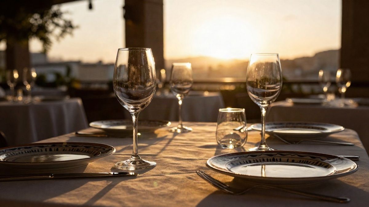 Imagen ilustrativa: mesa de restaurante con platos artísticos y copas de vino en contraluz al atardecer