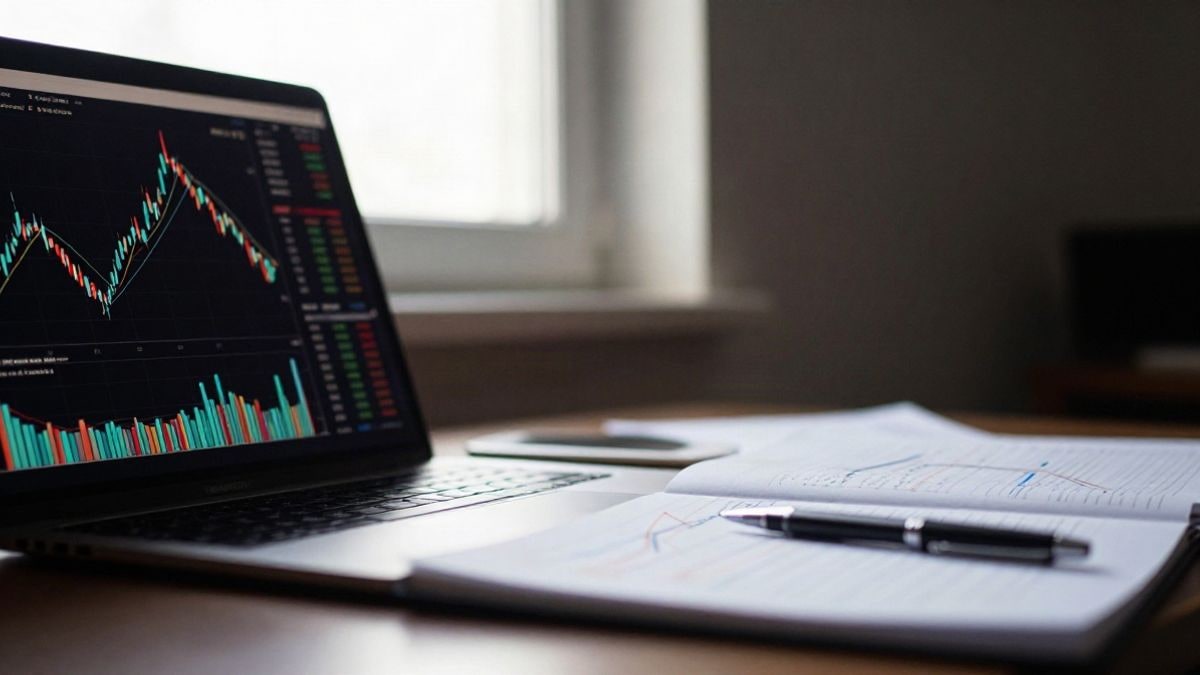 Illustrative image: desk with stock charts and technical analysis tools