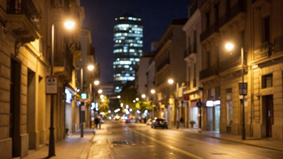 Illustrative image: night street in a financial district with warm streetlights and blurred lights