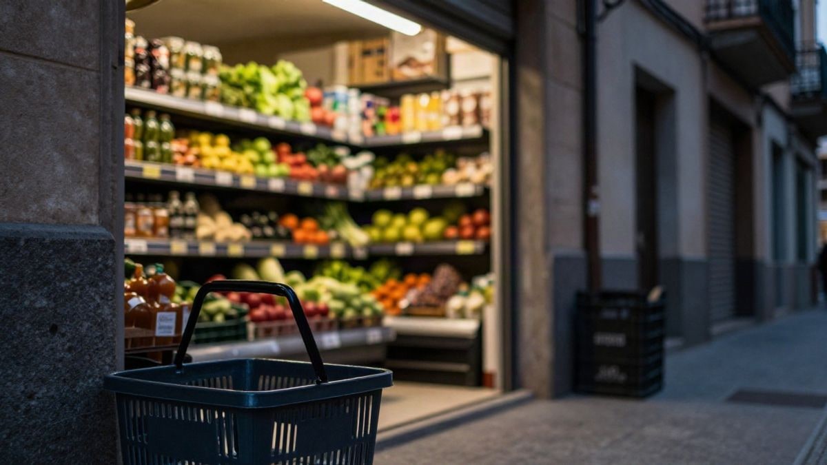 Imagen ilustrativa: entrada de un pequeño supermercado de barrio al atardecer, con cestas y cajas de productos desenfocadas