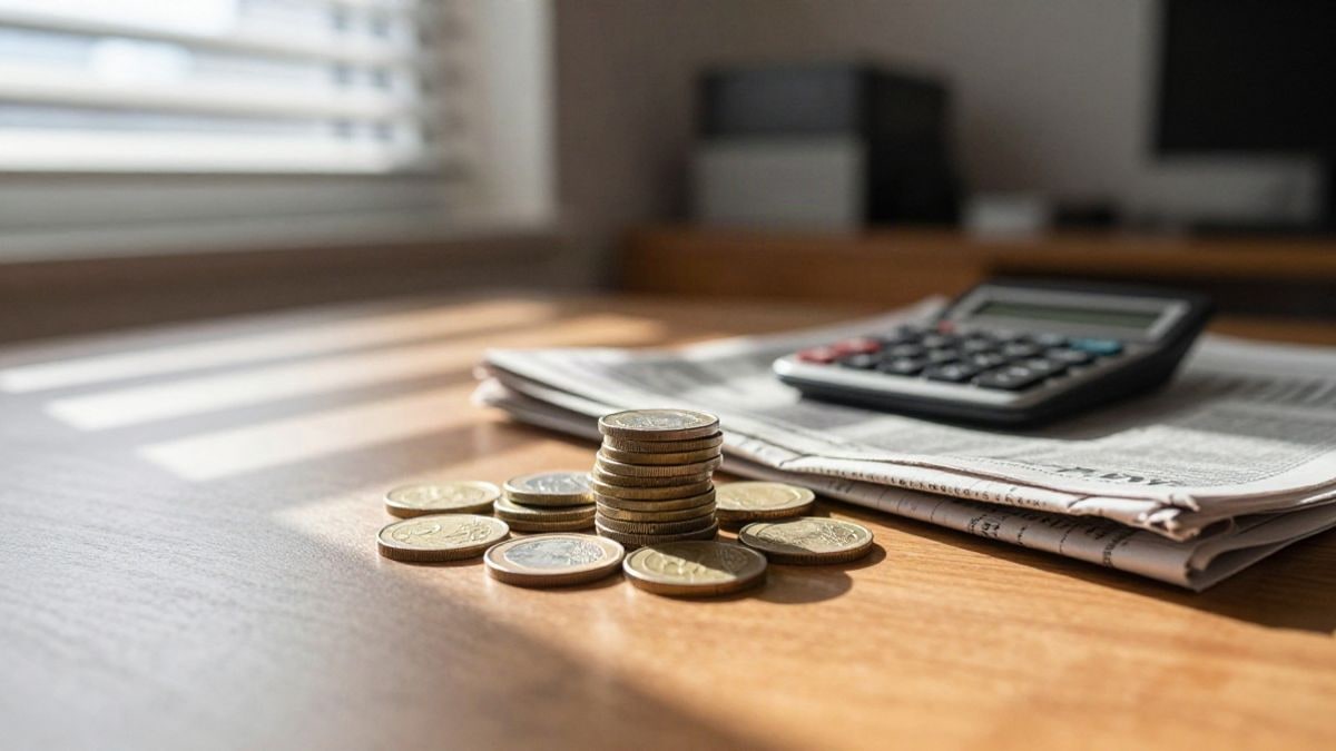 Imagen ilustrativa: monedas de euro y una calculadora sobre una mesa junto a un periódico, con luz lateral de ventana