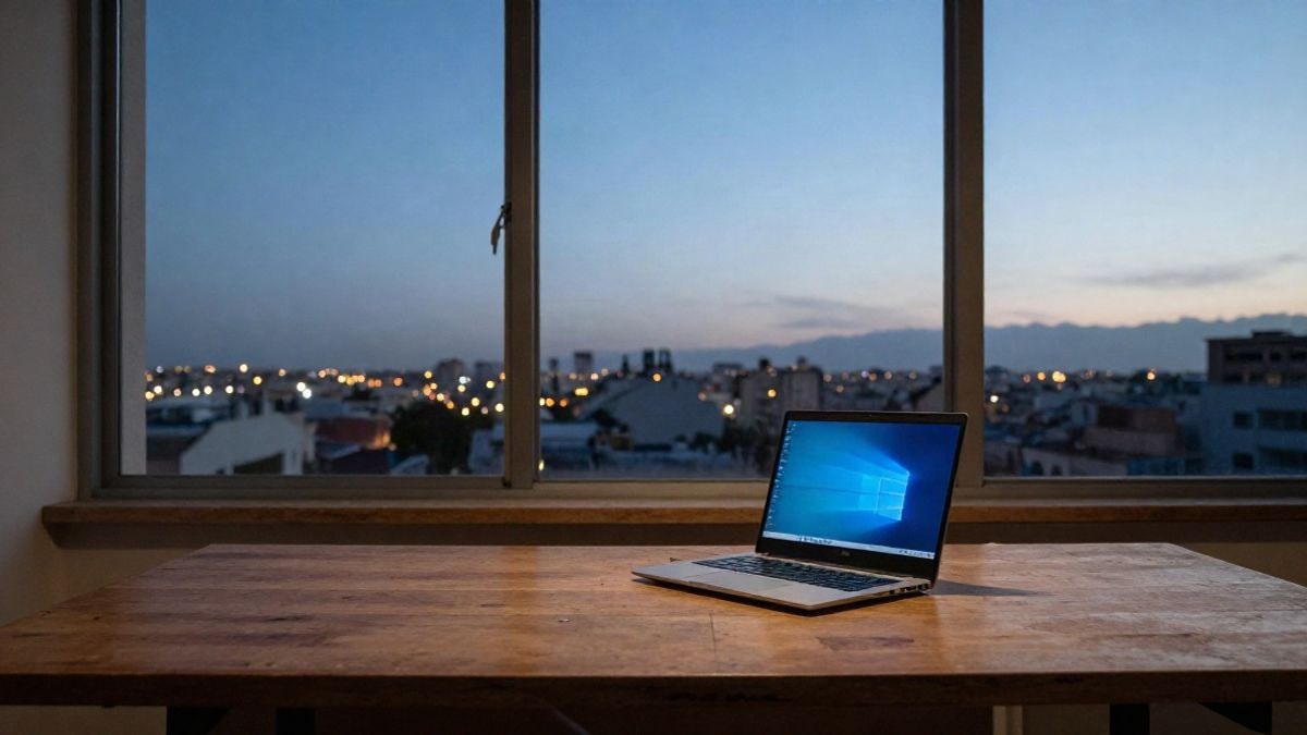 Imagen ilustrativa: un portátil con la pantalla encendida sobre una mesa de madera junto a una ventana al atardecer