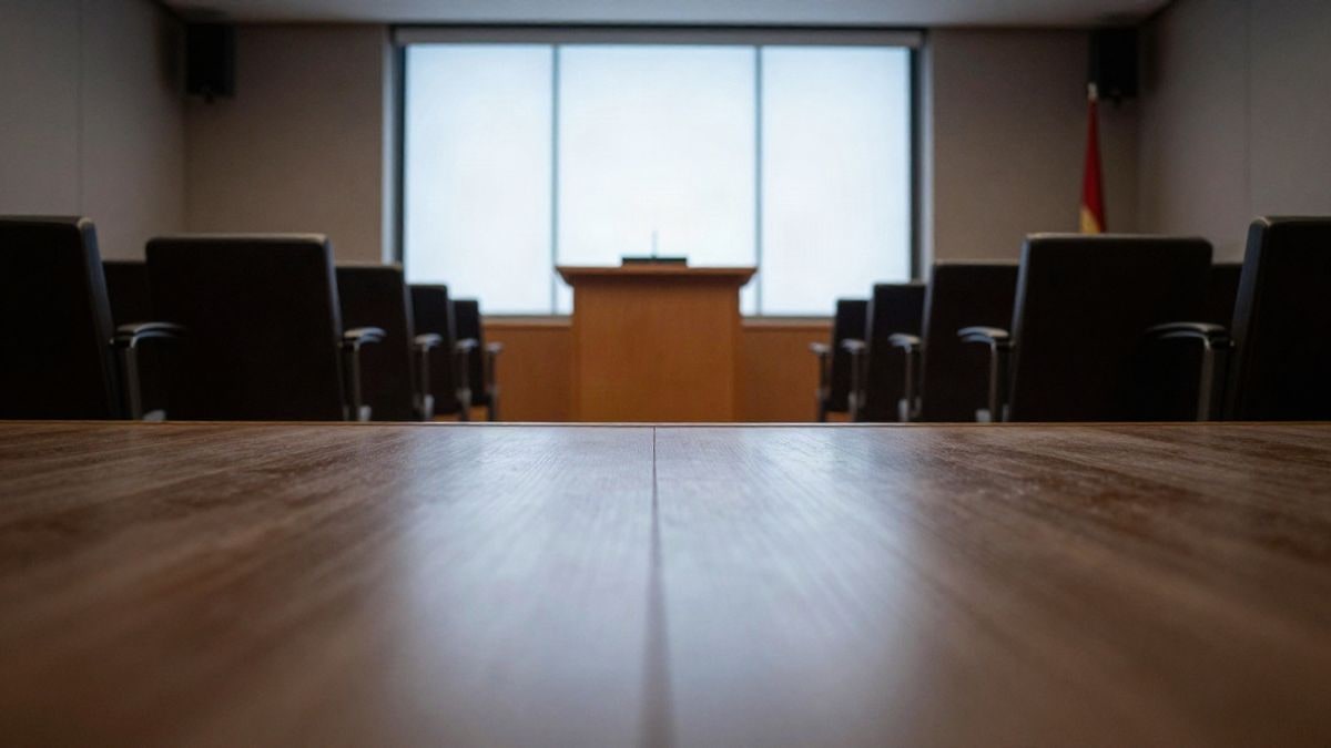 Imagen ilustrativa: sala de prensa vacía con atril y sillas, vista desde el suelo con luz natural