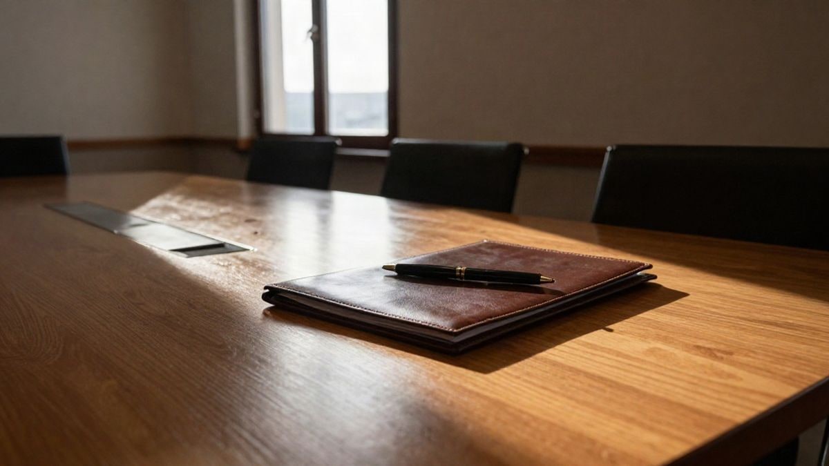 Imagen ilustrativa: mesa de madera pulida en una sala vacía, con una carpeta de cuero cerrada y una pluma estilográfica