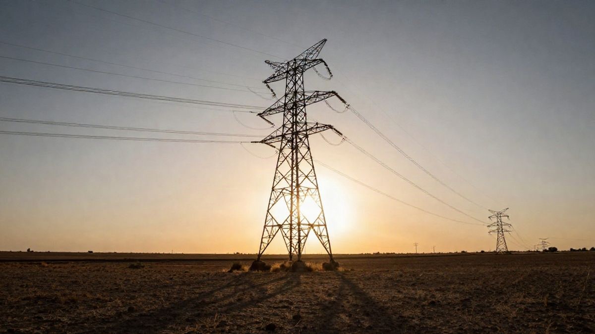 Illustrative image: high voltage tower silhouetted at sunset over a dry plain with long shadows