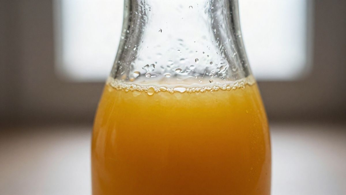 Illustrative image: close-up of a glass bottle with cold-pressed juice on a neutral surface