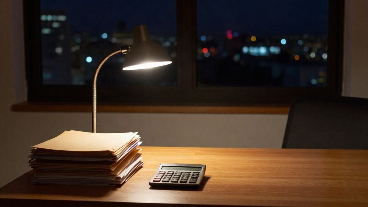 Imagen ilustrativa: escritorio vacío de oficina pública iluminado por una lámpara, con carpetas apiladas y una calculadora de noche