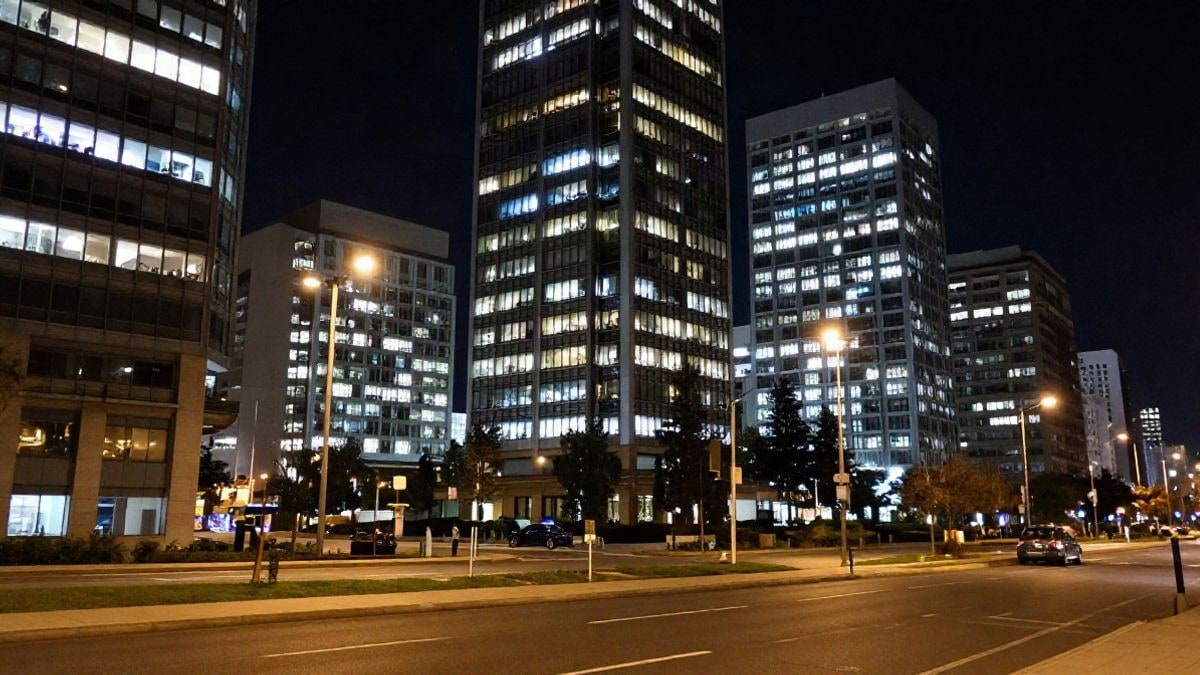 Imagen ilustrativa: edificios de oficinas iluminados de noche en una ciudad española