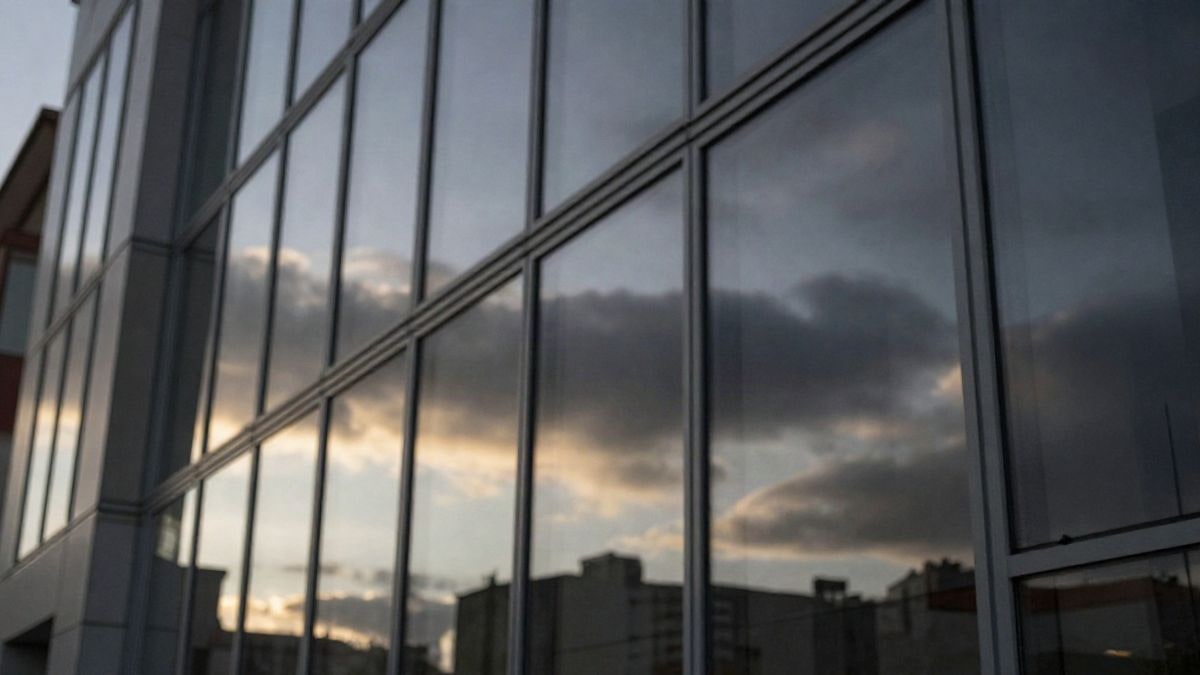 Imagen ilustrativa: fachada de un edificio moderno de cristal reflejando el cielo del atardecer
