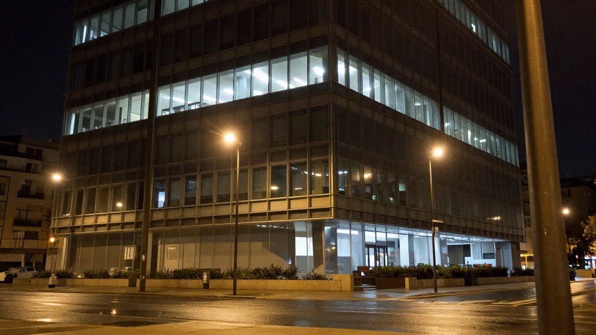 Illustrative image: glass office tower illuminated by street lamps on a night street
