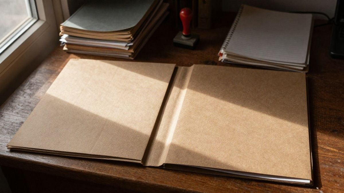 Imagen ilustrativa: escritorio de madera visto desde arriba con carpetas cerradas y libros de contabilidad antiguos