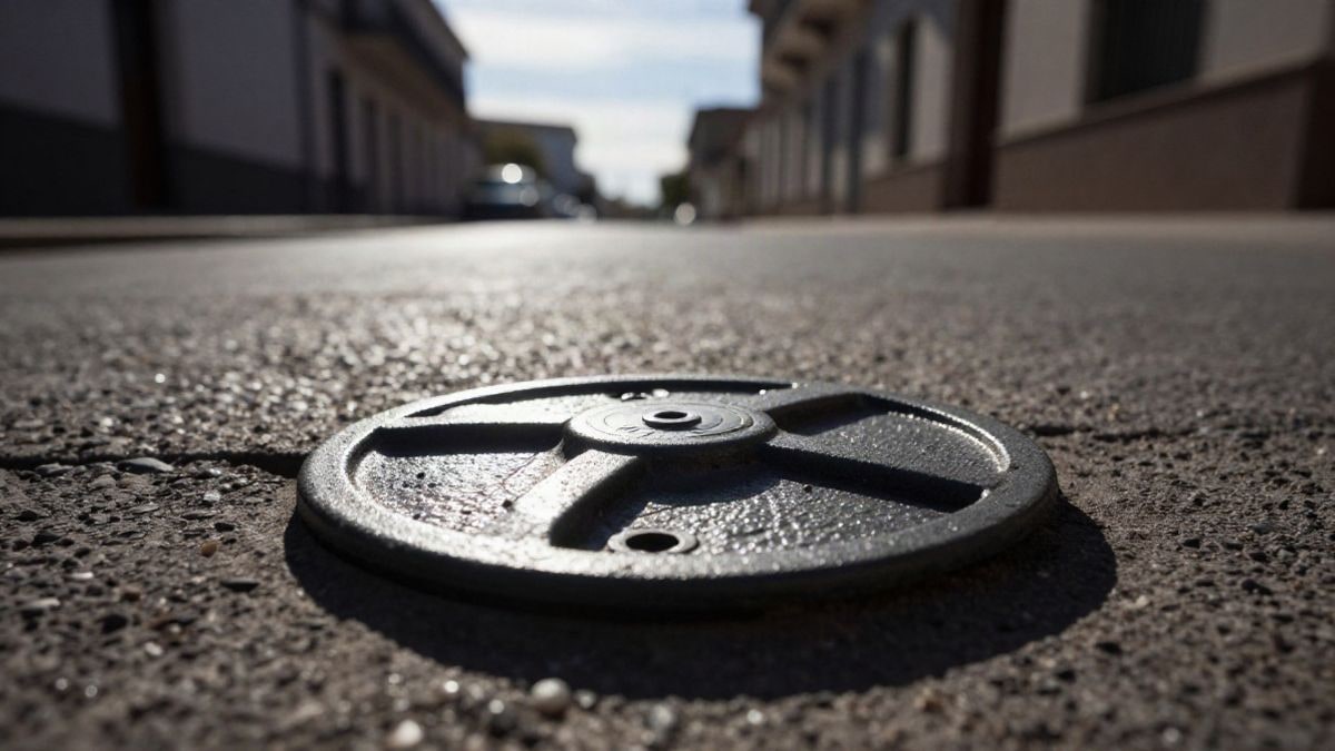 Imagen ilustrativa: tapa de un contador de agua en una calle pavimentada, vista a ras de suelo con el cielo de fondo
