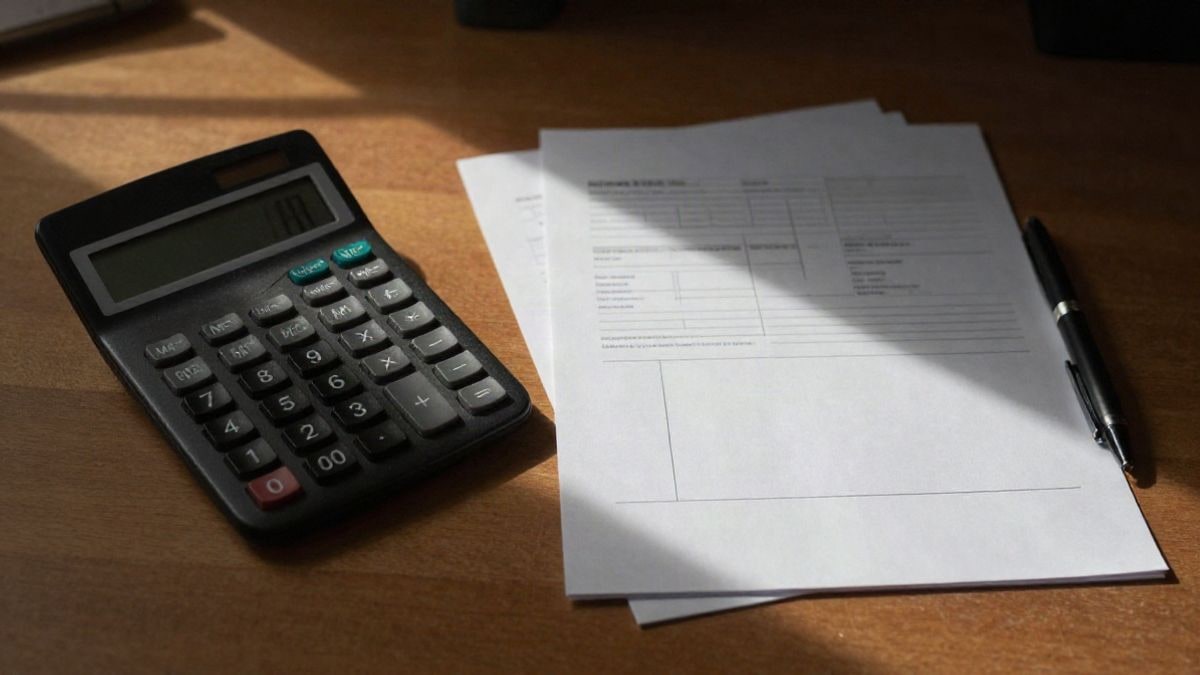 Illustrative image: wooden table viewed from above with a calculator, blank sheets, and a pen