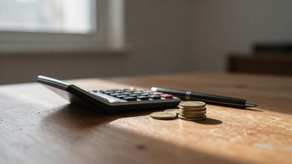 Illustrative image: calculator and euro coins on a wooden table with window light