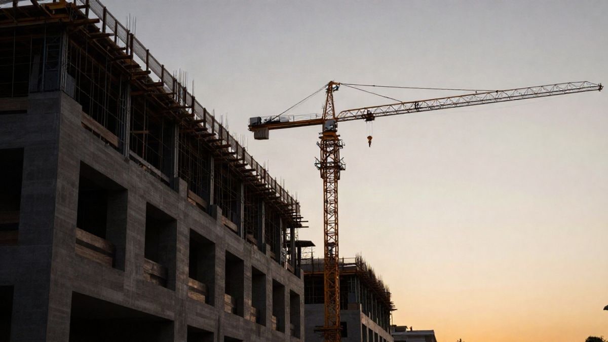 Imagen ilustrativa: fachada de un edificio residencial en construcción al atardecer, vista lateral con fondo desenfocado