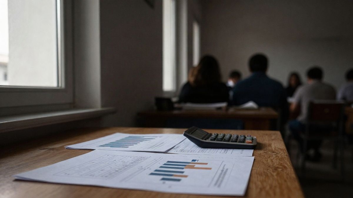 Illustrative image: wooden desk with printed graphs and a calculator next to a window with side light