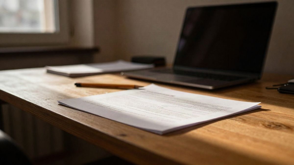 Imagen ilustrativa: escritorio de un estudio creativo con un brief impreso y una libreta, iluminado por la luz cálida de la tarde