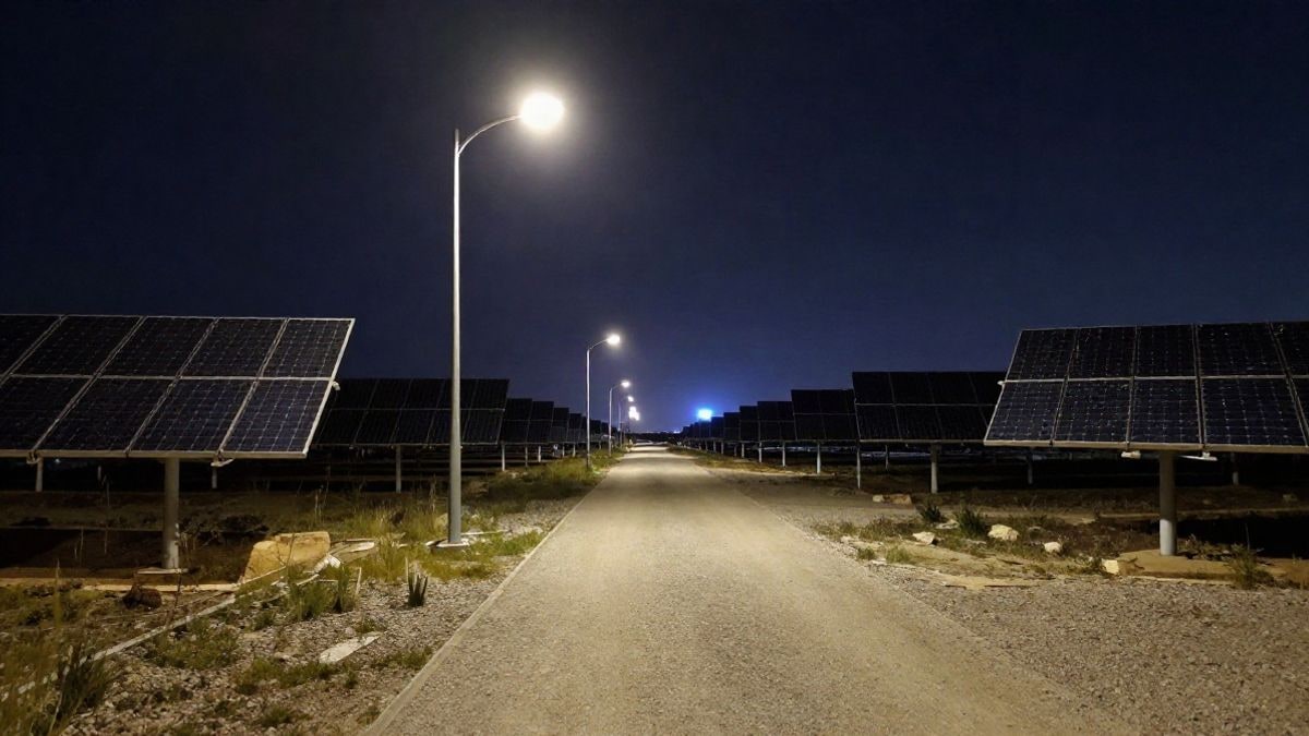 Imagen ilustrativa: una hilera de paneles solares oscuros bajo la luz de una farola en un campo de noche