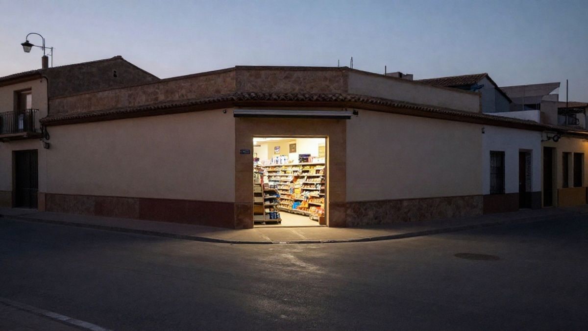 Imagen ilustrativa: un pequeño supermercado de barrio iluminado al atardecer en una calle tranquila
