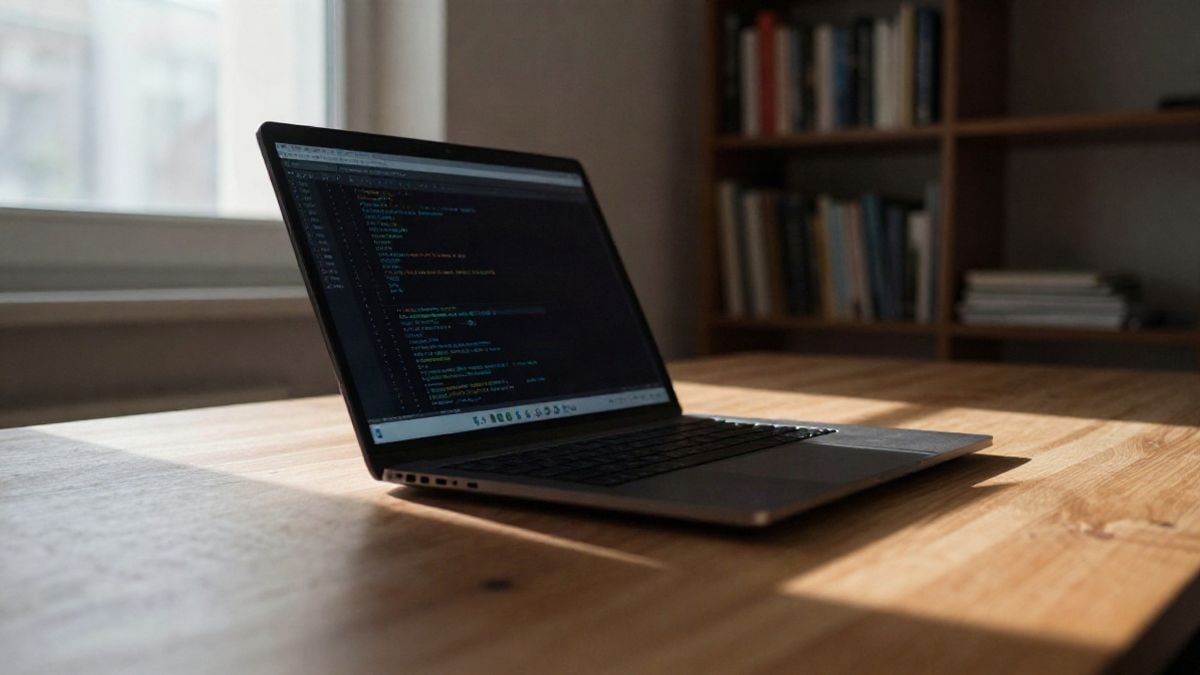Illustrative image: a laptop on a wooden table in a dimly lit room