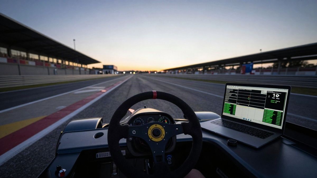 Imagen ilustrativa: un volante de carreras y un portátil con datos de telemetría en el muro de boxes al atardecer