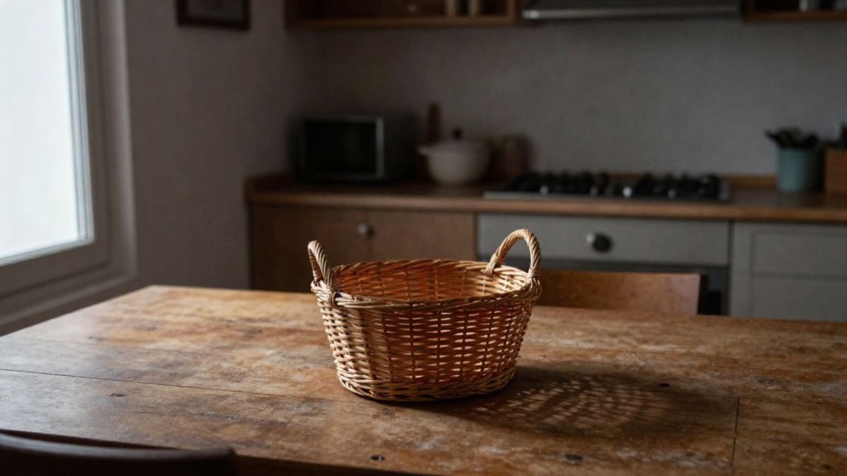 Imagen ilustrativa: una cesta de la compra vacía sobre una mesa de madera junto a una ventana con luz suave
