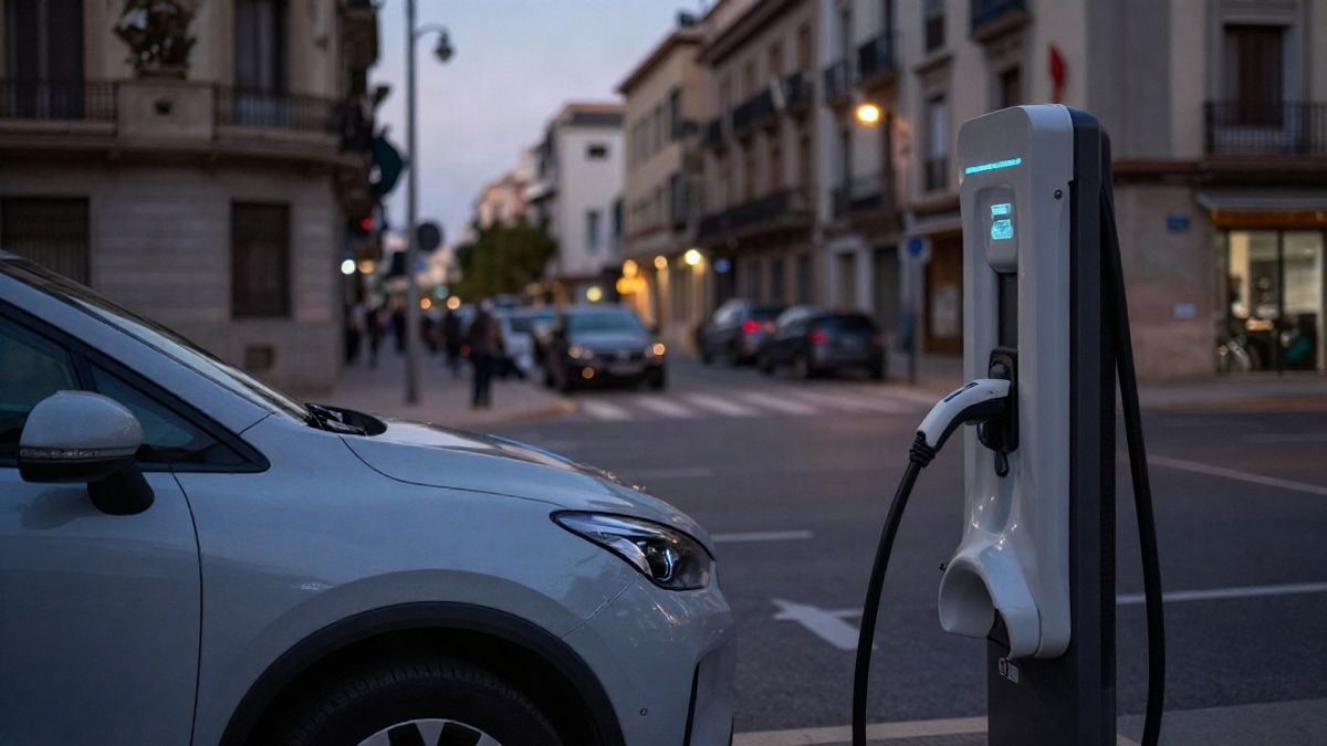 Illustrative image: a generic electric car connected to a charging point on an urban street at sunset