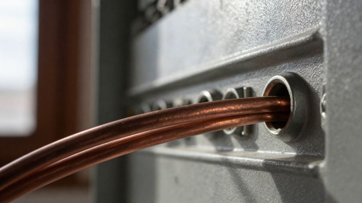 Imagen ilustrativa: primer plano de cables de cobre y un panel metálico de distribución eléctrica
