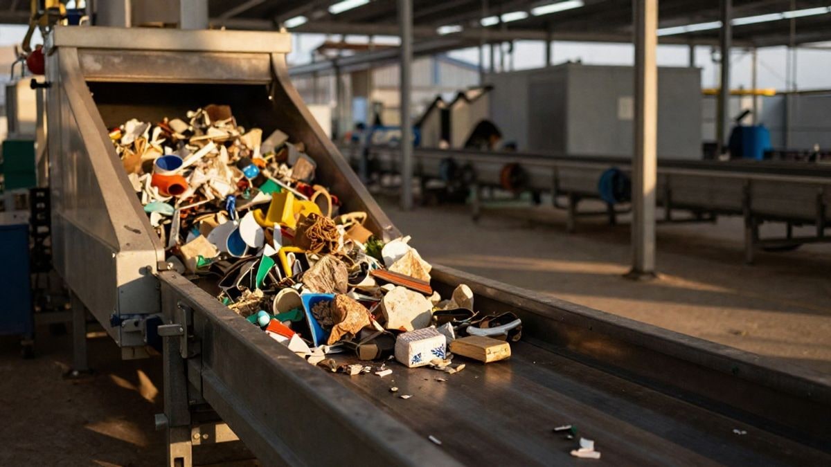 Imagen ilustrativa: cinta transportadora de clasificación de residuos en una planta de reciclaje al atardecer
