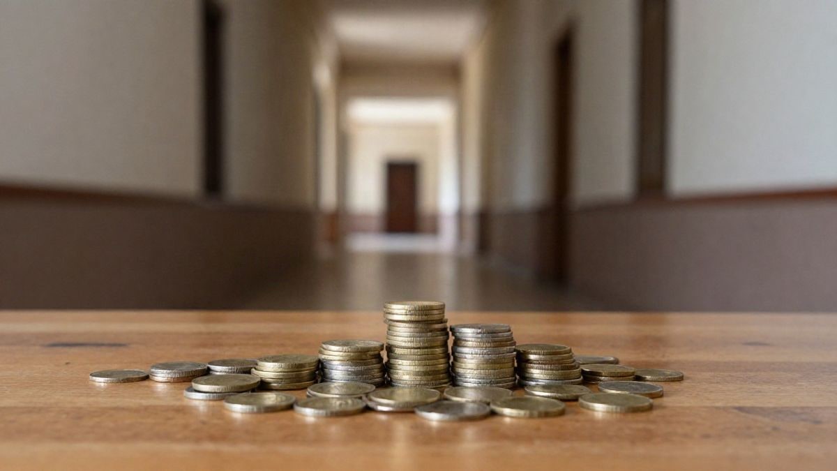 Imagen ilustrativa: pila de monedas sobre una mesa de madera con un pasillo de líneas convergentes al fondo