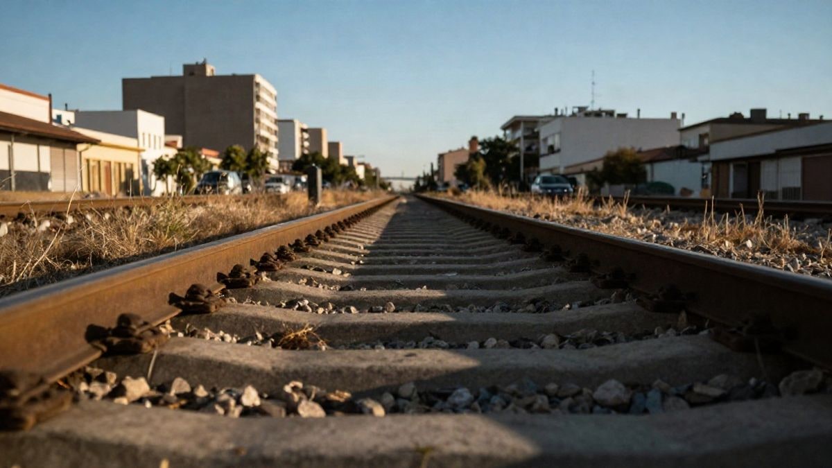 Imagen ilustrativa: vías de tren vistas desde el suelo con un cielo abierto al fondo y luz de atardecer