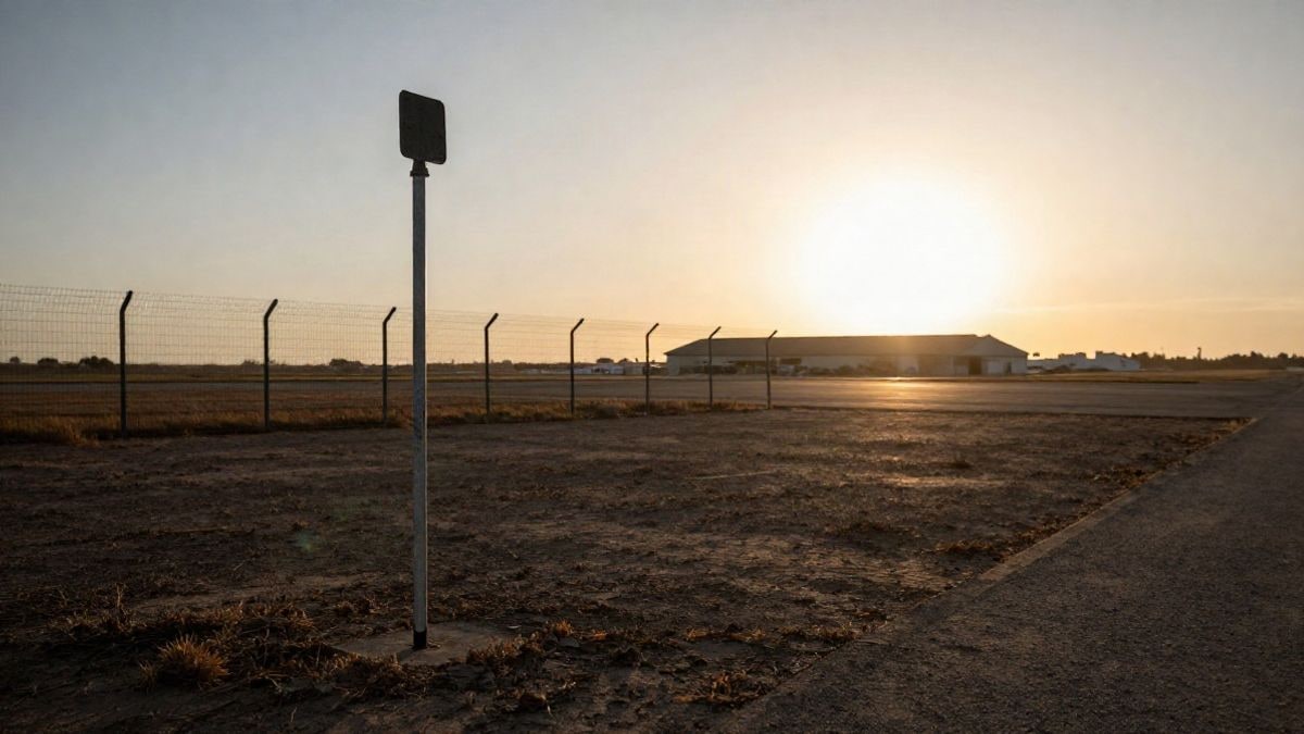 Illustrative image: flat land at sunset next to a perimeter fence, with long shadows and a surveying stake in the foreground