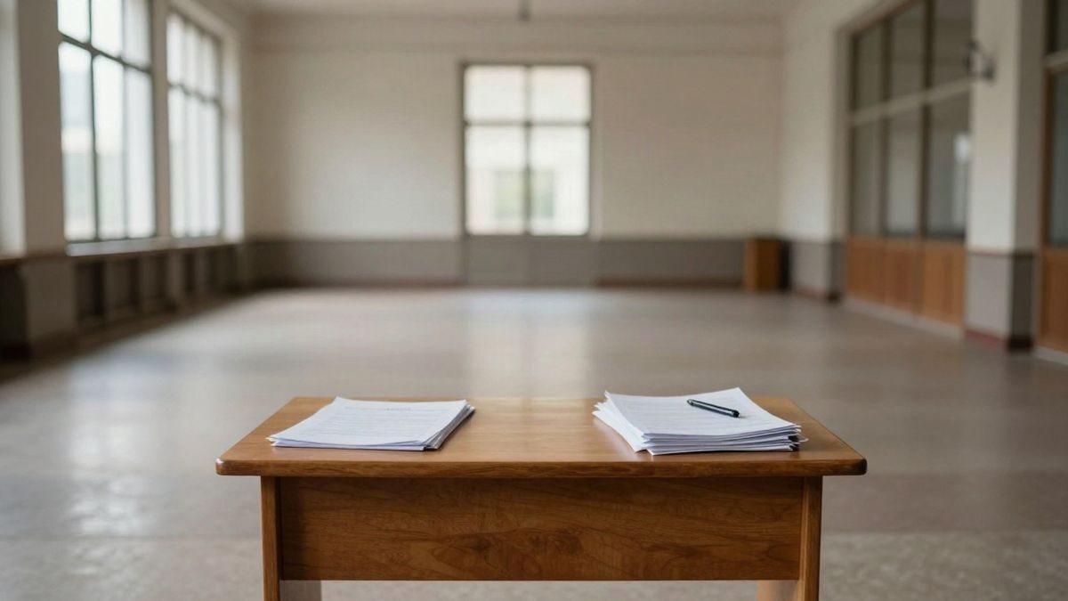 Imagen ilustrativa: un escritorio vacío con documentos en una sala amplia con luz natural