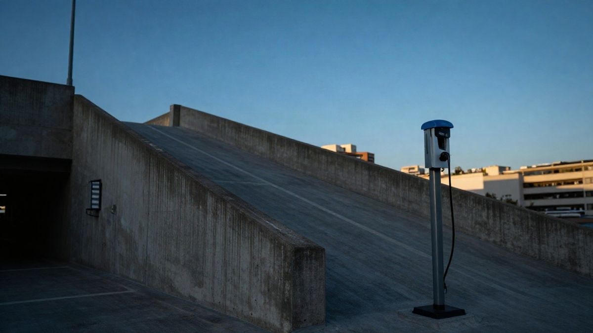 Imagen ilustrativa: rampa de un aparcamiento de hormigón vista desde abajo contra el cielo, con un punto de recarga eléctrica