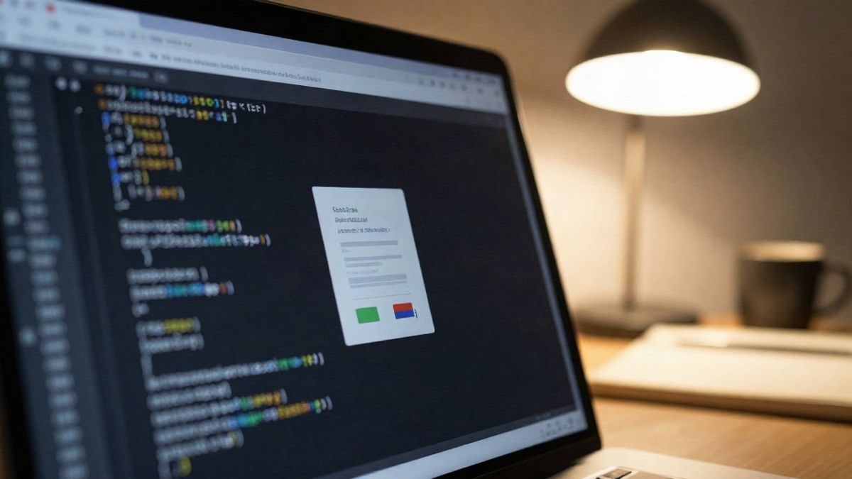Illustrative image: close-up of a laptop screen with code and a digital certificate icon on a desk