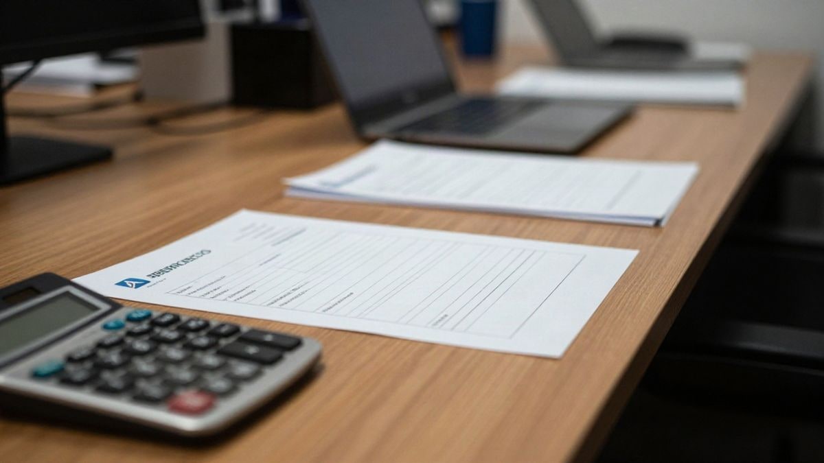 Illustrative image: wooden table with a blank invoice and a calculator, illuminated by side light and blurred background
