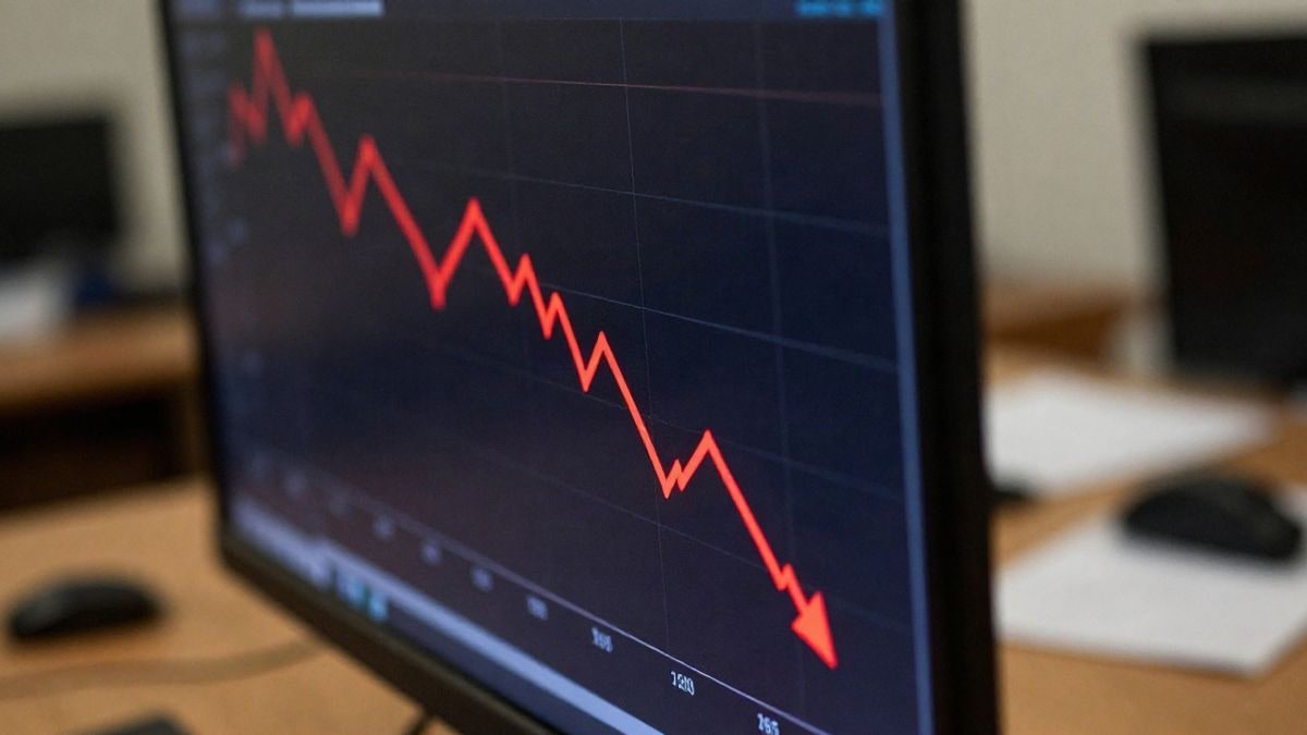 Illustrative image: close-up of a stock screen with a downward trend line on a work desk