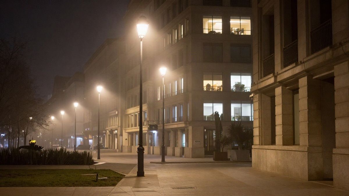 Illustrative image: urban building facades with streetlights and windows illuminated at night