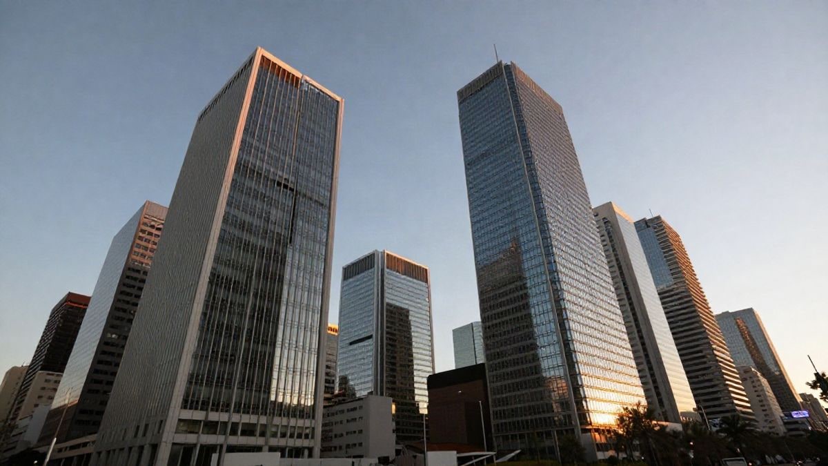 Imagen ilustrativa: ángulo bajo de rascacielos de oficinas con cielo despejado al atardecer