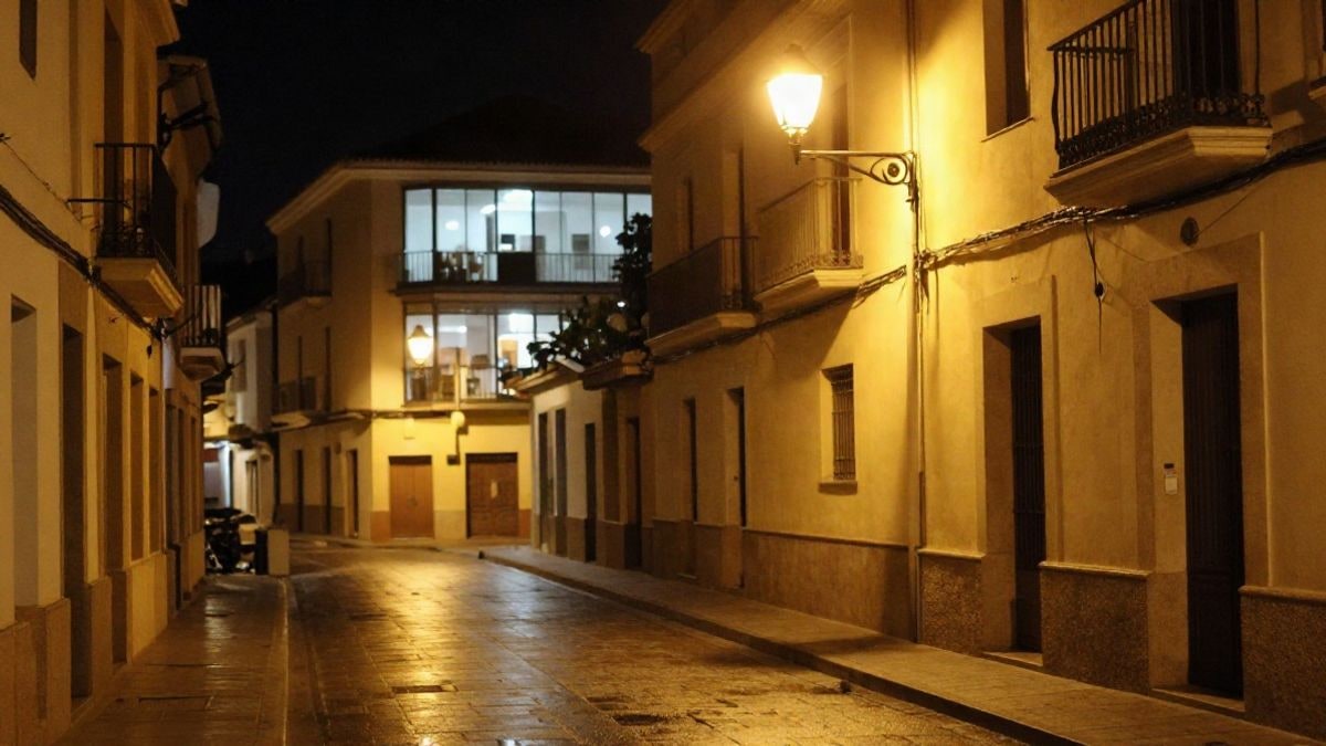 Illustrative image: night street of a Spanish city lit by streetlights, with an office building in the background