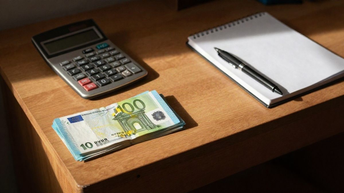 Illustrative image: overhead view of a desk with a calculator, euro bills, and a notebook