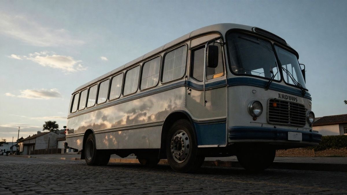 Imagen ilustrativa: autobús antiguo aparcado en una calle adoquinada bajo un cielo despejado