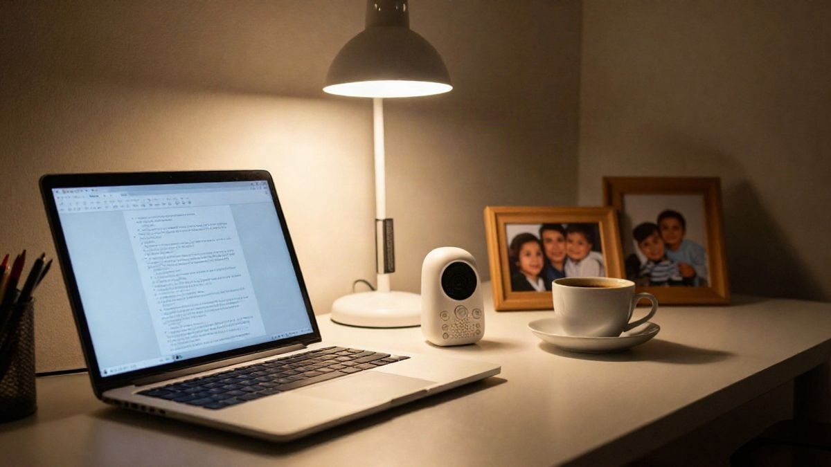 Illustrative image: home office desk at night with warm artificial light