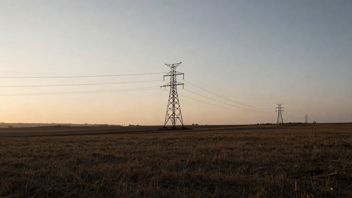 Imagen ilustrativa: una torre de alta tensión recortada contra un cielo de atardecer sobre un llano abierto